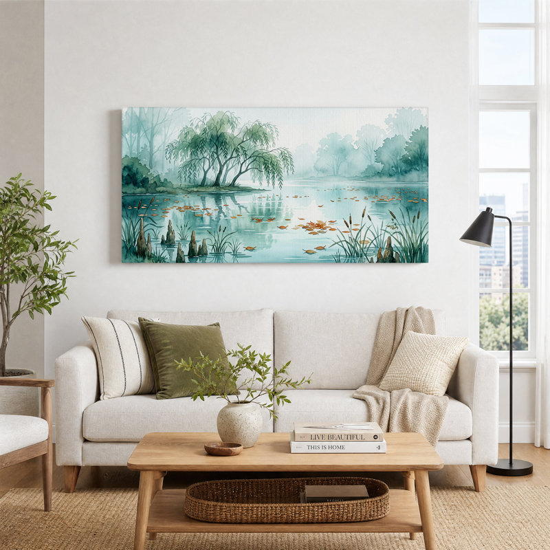 Tableau sur toile aquarelle représentant un saule pleureur sur un étang turquoise, 40“W x 20”H
