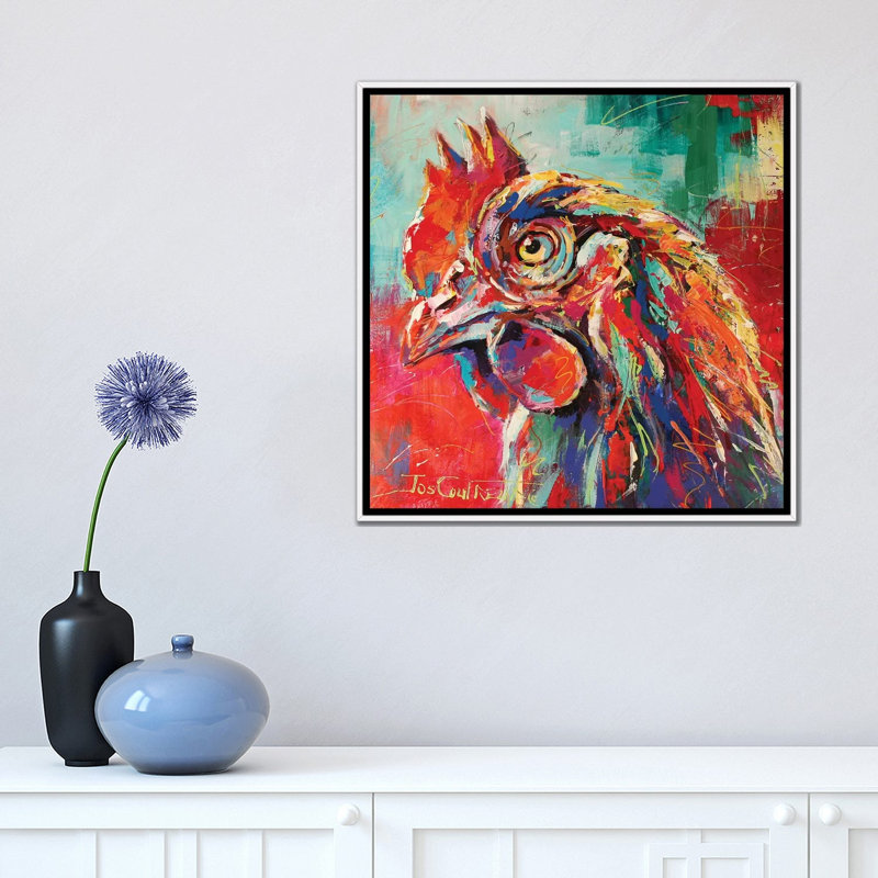 Poulet par Jos Coufreur - imprimé, H 18 po x l 18 po x P 1,5 po, Toile blanche encadrée, Aucun mat