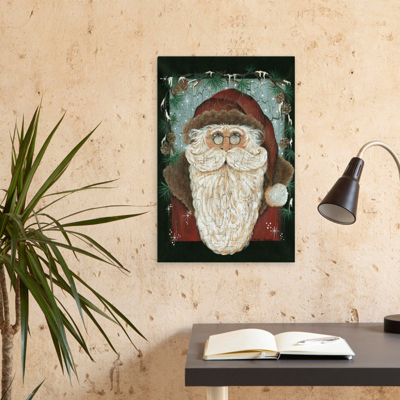 «Old World St. Nick - Vintage Vintage Santa Claus Green Pine Garland Cracked Paint Texture Art, H 16 po x l 24 po
