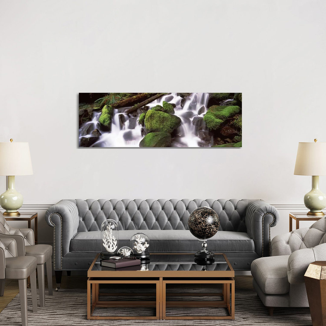 Cascading Waterfall In A Rainforest, Olympic National Park, Washington State, USA - Wrapped Canvas Panoramic Print
