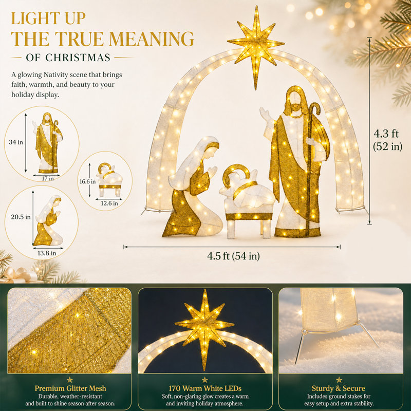 Crèche lumineuse Dazzle Bright de 1,3 m (4,3 pi) représentant la Sainte Famille, avec 170 lumières DEL, pour décorations de Noël extérieures.