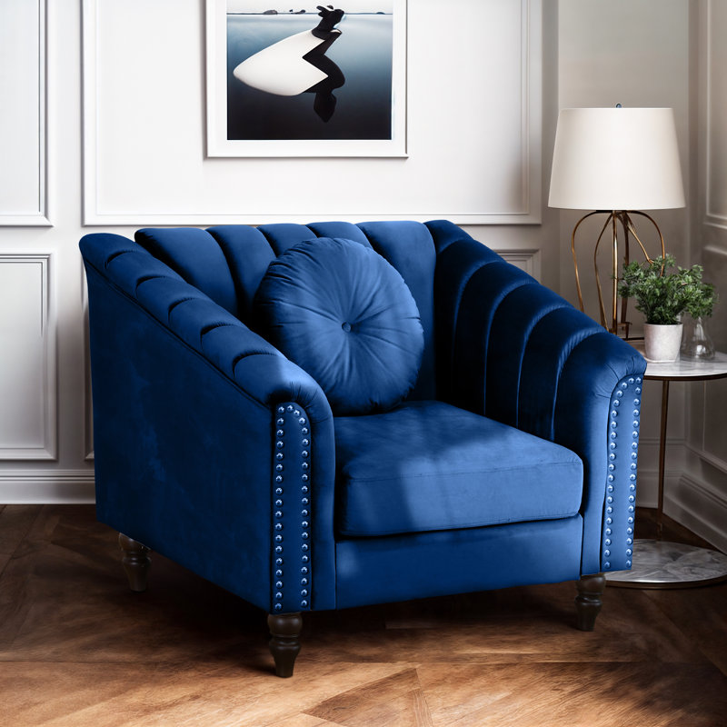 Jeliana 31 Wide Lint Sofa Chair Upholstered Single Sofa Chair with Rivet Decor Rolling Armrests, Blue Linen Blend