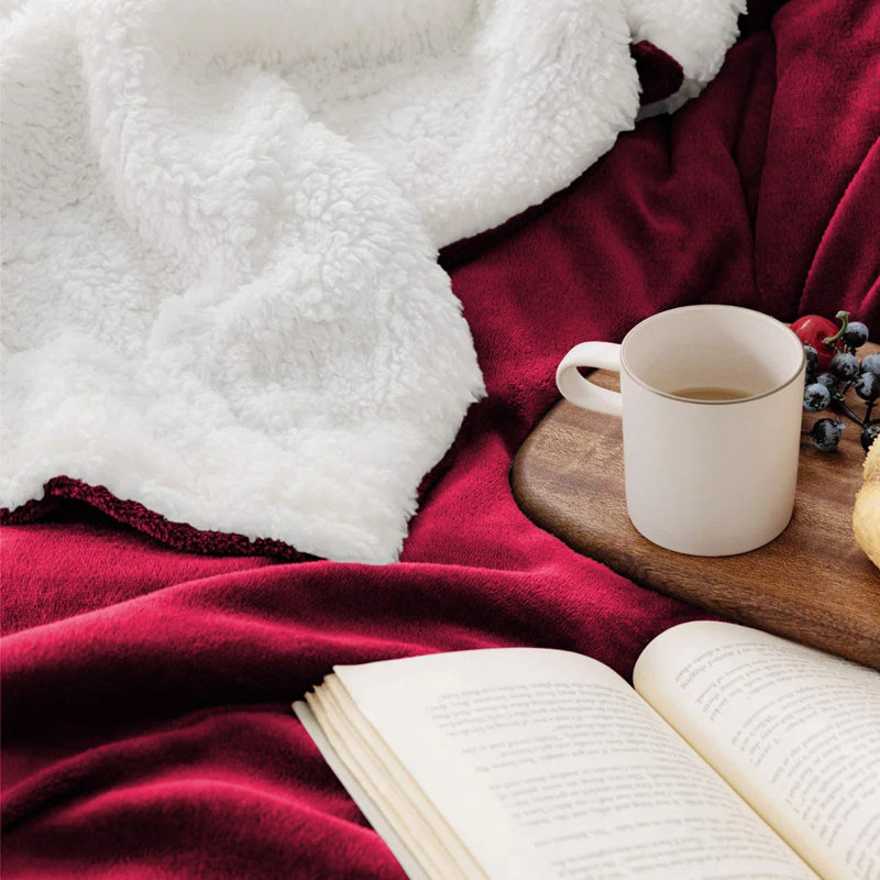 Super Soft Sherpa Fleece Fur Thick Dual Sided Flannel Reversible Blanket Throw, King 200cm x 240cm, Burgundy
