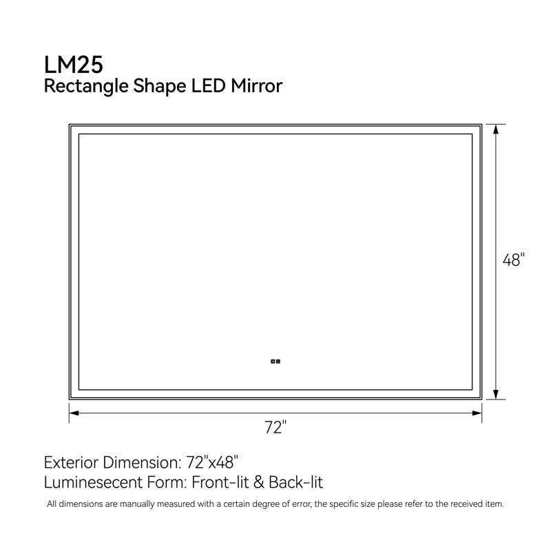 Miroir de salle de bain moderne 72 "x 48" à DEL avec éclairage avant et arrière, anti-buée, capteur tactile et fonction de mémoire