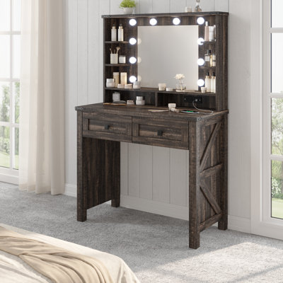 Vanity Desk With Mirror And Lights 31.5" W Farmhouse Makeup Vanity Desk With Charging Station And 2 Drawers & Shelves 3 Color Modes Adjustable, Stool by Gracie Oaks