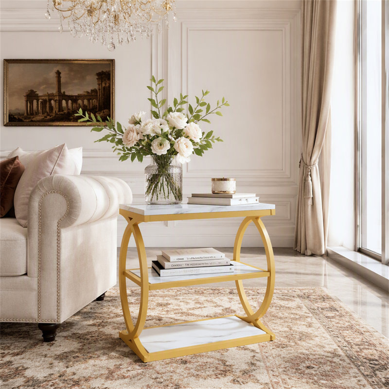 23.6" End Table, Narrow 3-Tier Side Table with Oval Metal Frame