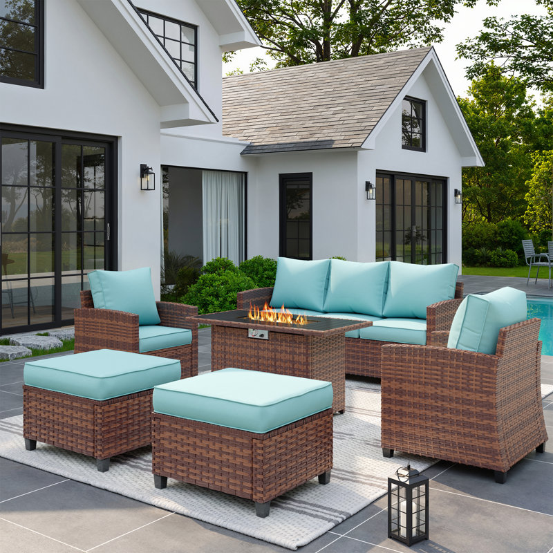 6-Piece Patio Furniture Set with Gas Fire Pit Table, PE Wicker Outdoor Conversation Set with 3-Seat Sofa, 2 Armchairs and Ottomans, Outdoor Patio Furniture for Backyard & Porch