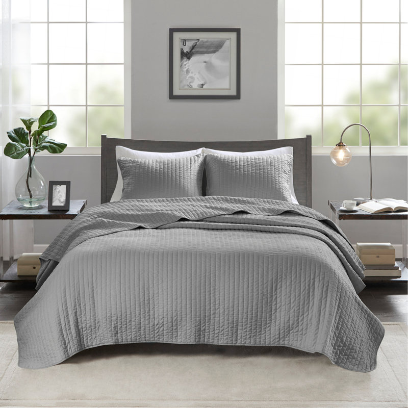 Ensemble de courtepointe 3 pièces gris double / grand, Courtepointe double / grand + 2 taies décoratives, Gris