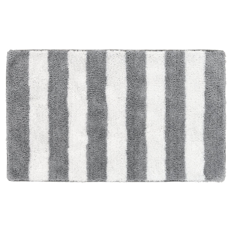 Ronning Beach Stripe Nylon and Polyester Bath Rug with Non-Slip Backing, Platinum Gray/White