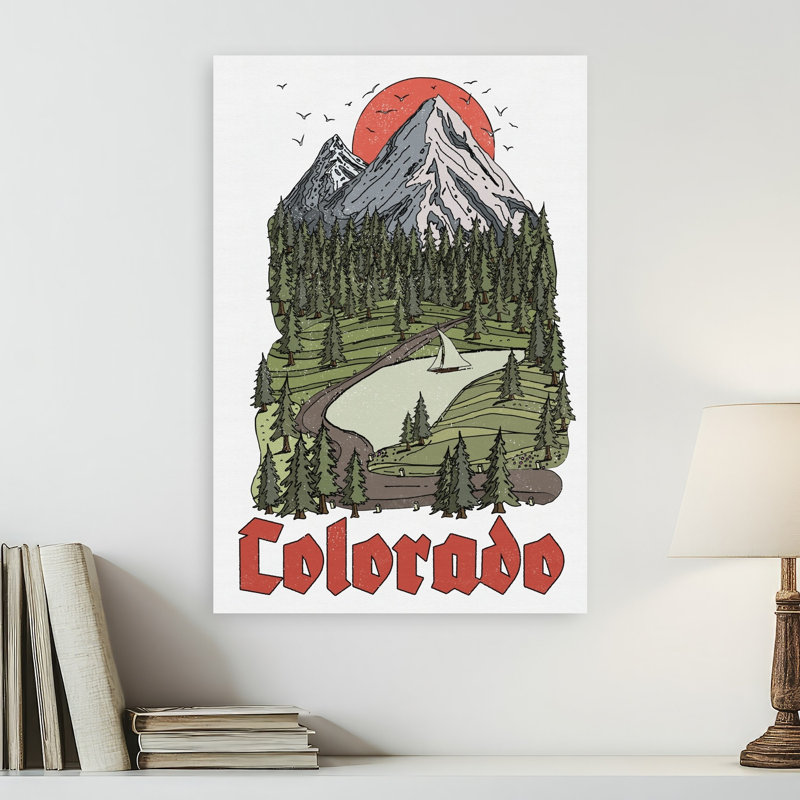 «Colorado Mountain Lake Peaceful Retro Serene Bird Pine Forest Landscape», art mural