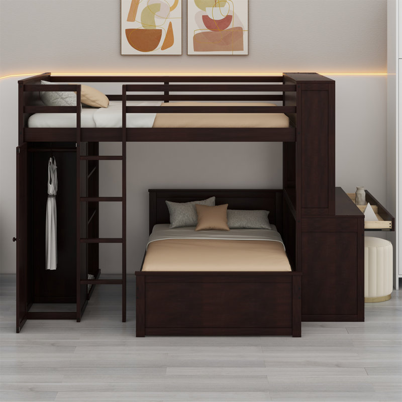 Lit mezzanine avec lit autonome, tablettes, bureau et garde-robe, Espresso