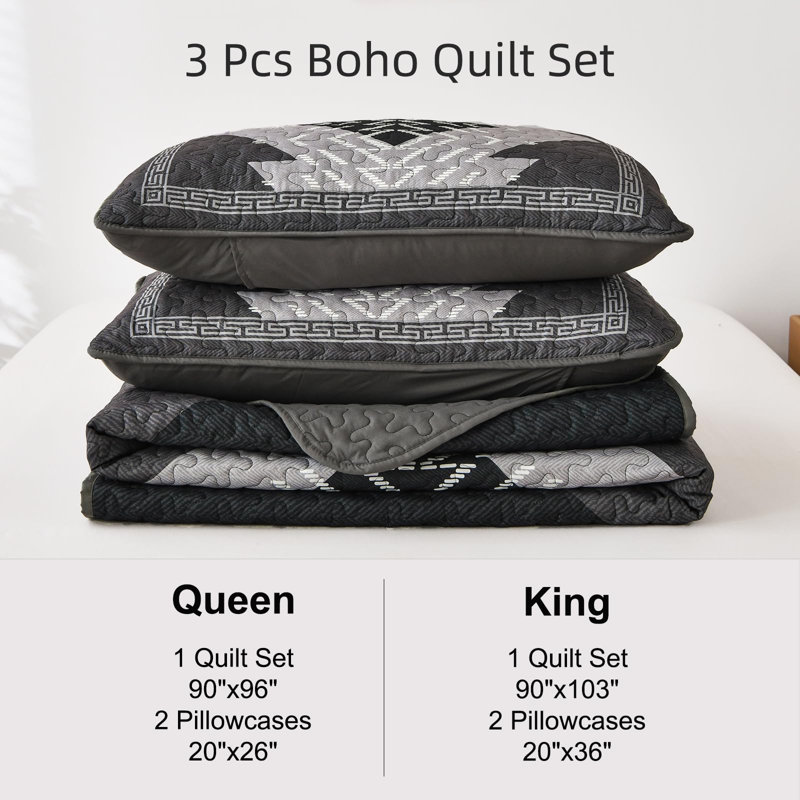 3-Piece Boho Aztec Western Quilt Set Textured Bedspread Coverlet with Pillowcases for All Seasons, Black/Gray