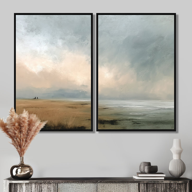 «Green and Gray Coastal Rain Af après-midi», art sur toile côtier, art mural vert côtier 2 pièces, H 36 po x l 48 po, Noir