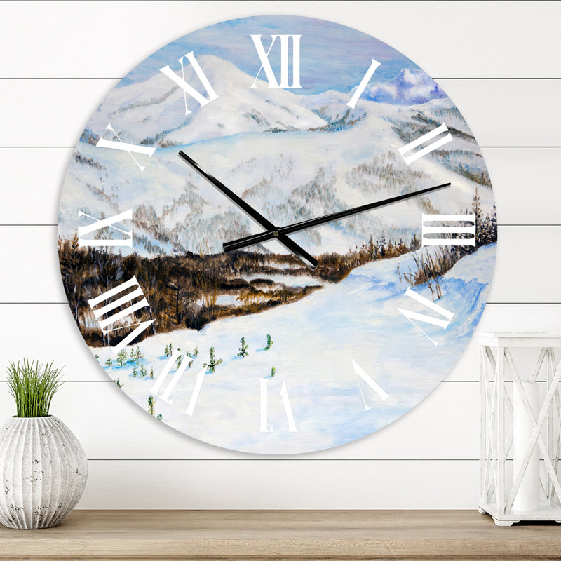Paysage d'hiver avec montagnes enneigées - Horloge murale traditionnelle, Surdimensionné