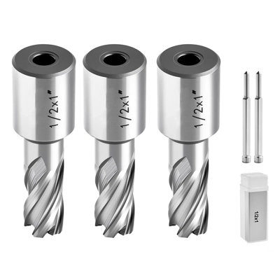 5 Pcs, Annular Cutter Set, Weldon Shank Mag Drill Bits Kit, 1" Cutting Depth, 1/2" Cutting Diameter, Hss, 3 Drill Bits With 2 Pilot Pins & 3 Plastic Cases, For Magnetic Drills, Steel & Aluminum