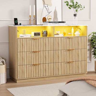 Commode cannelée pour chambre à coucher avec 6 tiroirs et prise de courant, commode double en bois avec lumière RVB pour chambre à coucher, salon, entrée, couloir
