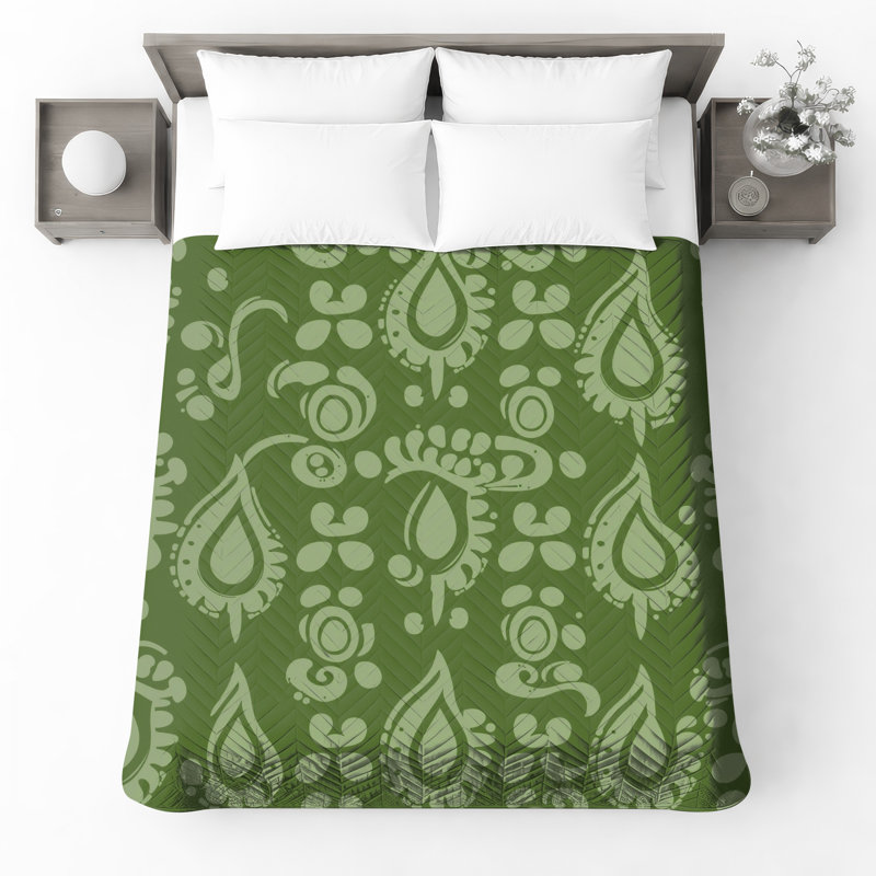 Green Paisley Pattern Quilted Bedspread All Sizes, Queen