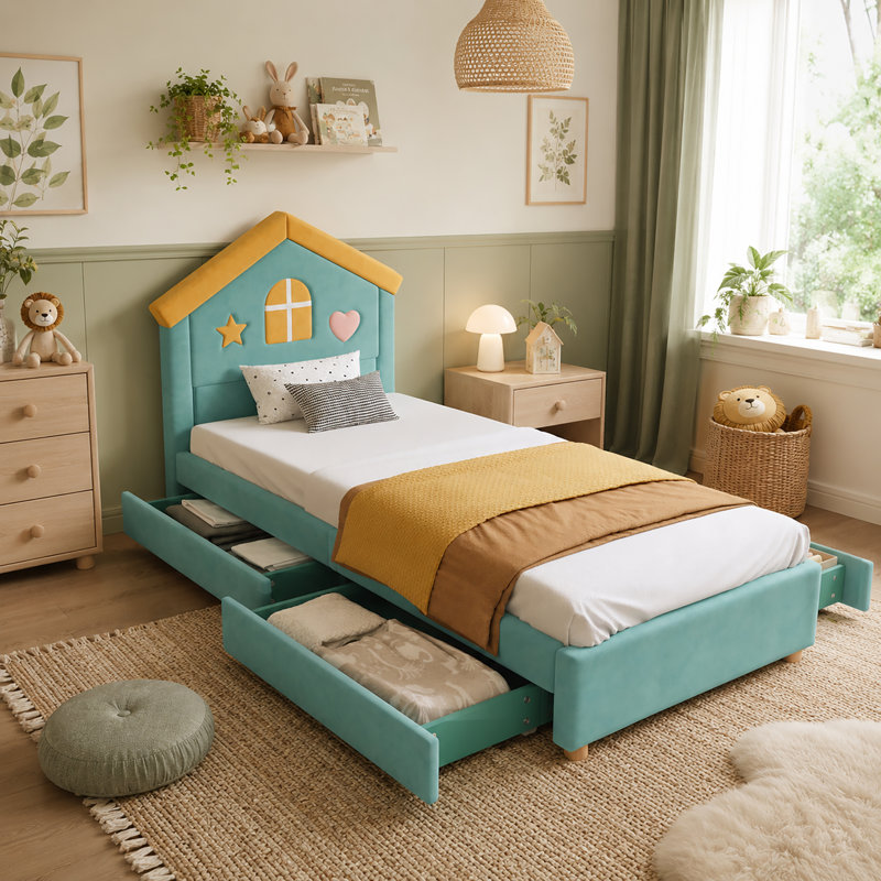 Drawers House Bed, 90x200 cm, Blue&Green