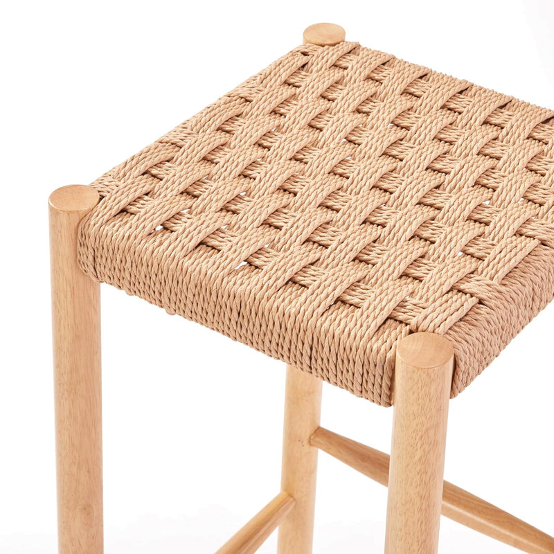 Ensemble de 2 tabourets de bar industriels de 26,4 po de hauteur - sièges en corde de papier kraft, pieds en bois d'hévéa et pieds réglables