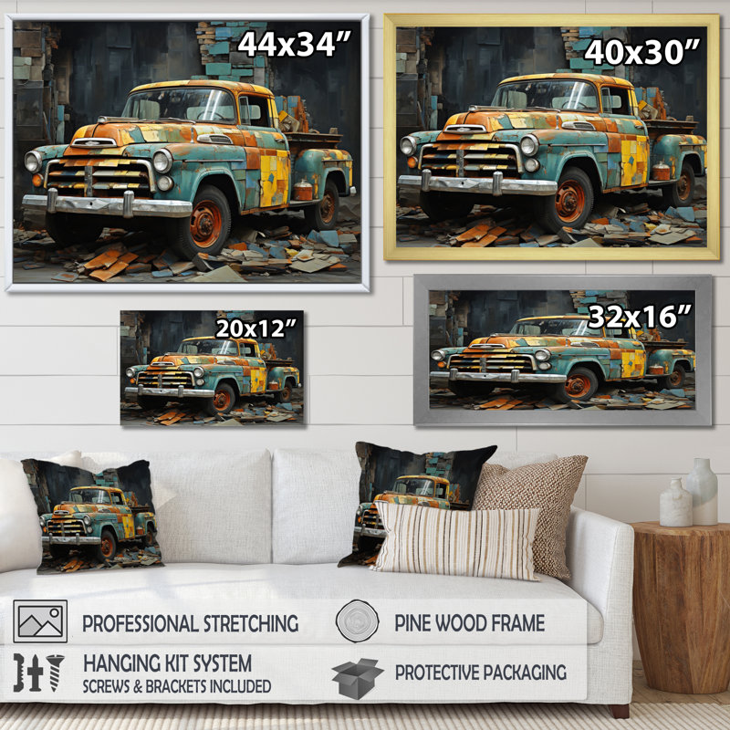 Camionnette Collage Popart, 30" H x 40" W, White Picture Framed