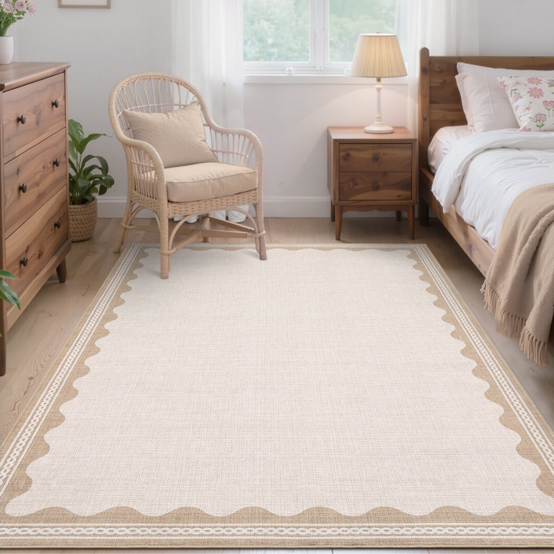Tapis festonné et lavable pour tapis de chambre à coucher moderne, Crème, Rectangulaire 8 pi x 10 pi