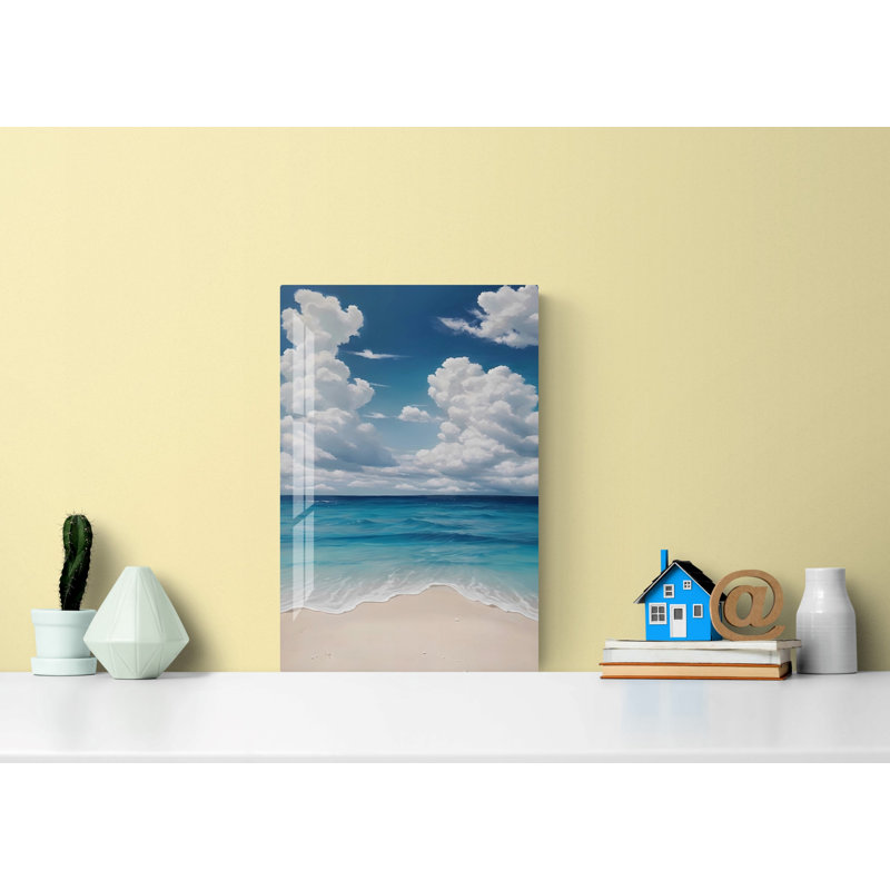 Art mural de paysage de plage en verre trempé avec mer bleue et nuages blancs, impression sur verre, H 17,5 po x l 11,5 po