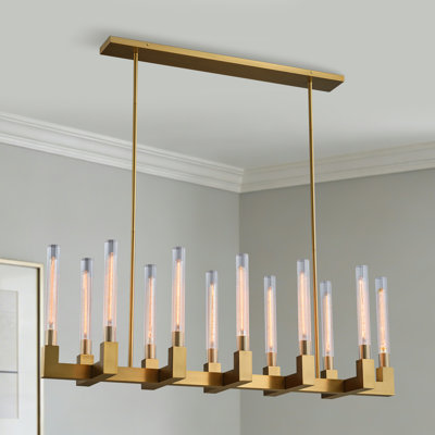 55" Gold Rectangular Chandelier, 12-Light Glass Tube Island Pendant Lighting With E26 Base, Includes Bulbs, Adjustable Hanging Height For Dining Room & Kitchen