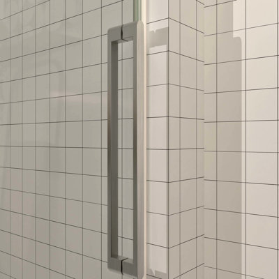 Porte de douche coulissante en verre trempé de 5/16 po de l 56 à 60 po x H 76 po avec quincaillerie en nickel brossé, barre à serviettes et poignée, largeur réglable, mécanisme lisse, revêtement hydrofuge pour verre de salle de bain, coulissante,