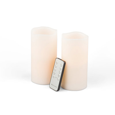 Set Of 2 Bisque Wax Flameless LED Pillar Candles – 6-Inch Wavy Edge Candle Duo With Yellow LED Soft Glow Flicker And Universal Remote