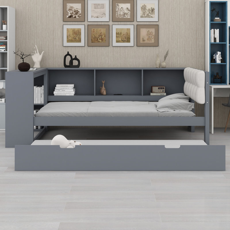 Multi-Functional Platform Bed with Shelves, Trundle and Comfortable Upholstered Headboard, Gray, Twin