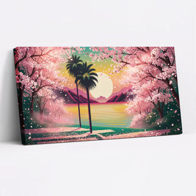 «Cherry Blossom Palm Tree Sunset Landscape», ensemble de 1 reproduction d'art sur toile tendue