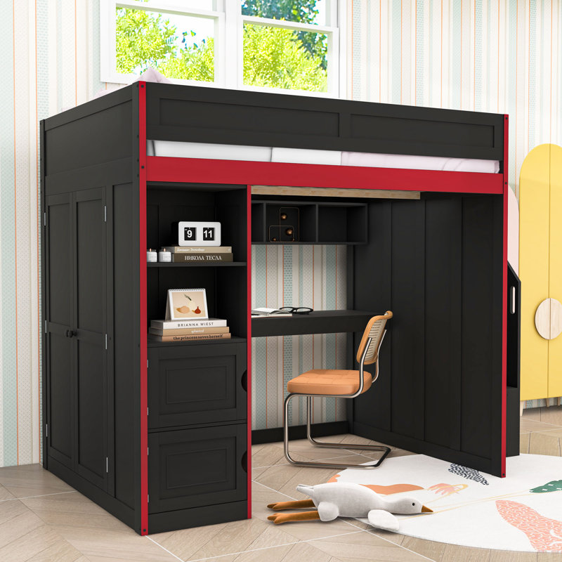 Lit mezzanine double avec bureau, garde-robe, tablettes et bande lumineuse à DEL, Double