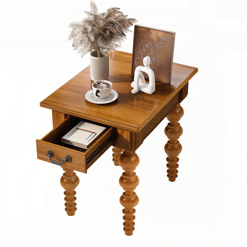 Table de bout en bois massif avec tiroir - Assemblage facile, finition naturelle, Bois naturel