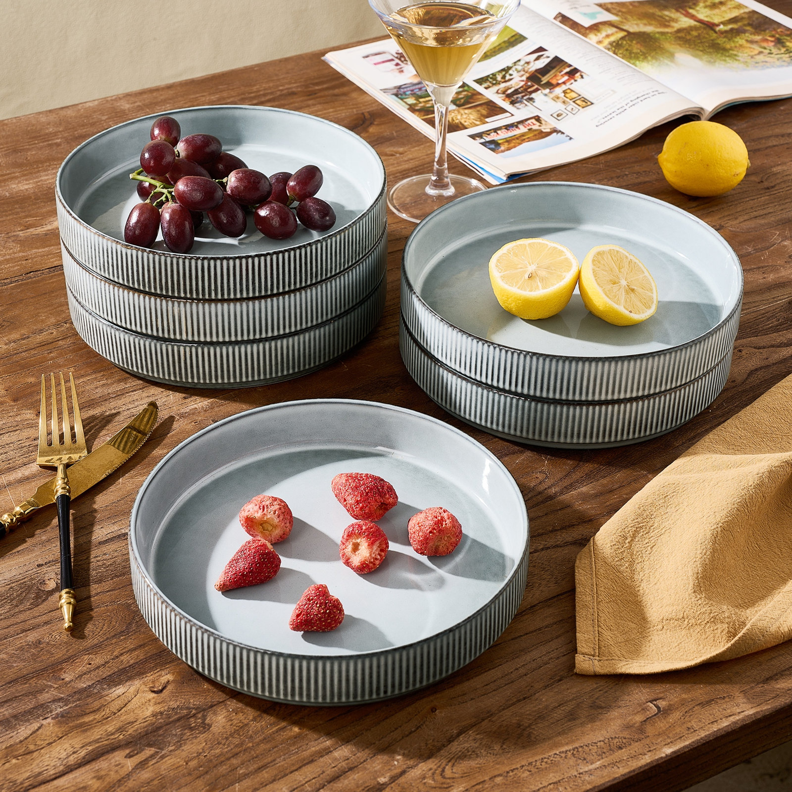Azal Stoneware Pasta Bowl, Smoky Blue