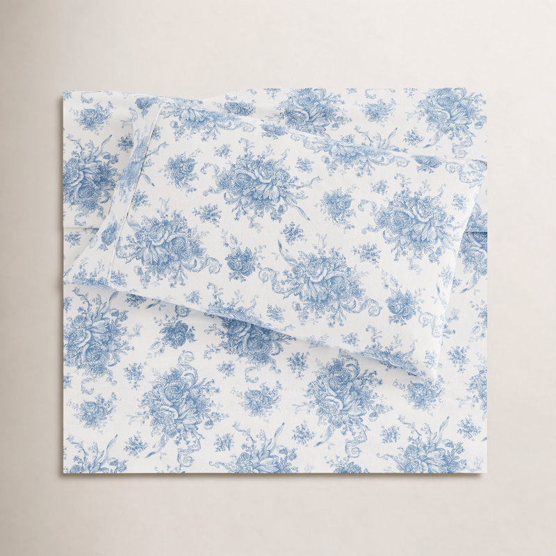 Toile Flannel Sheet Set, Blue, Queen Sheet Set with 2 Pillowcases