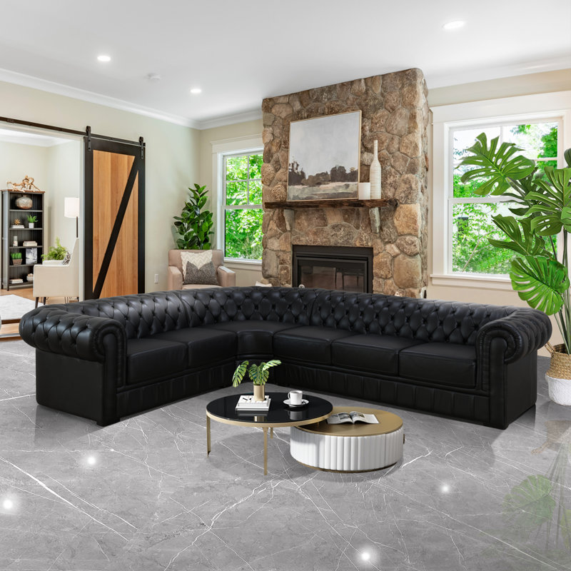 Canapé modulaire en cuir de vache 138 po Chesterfield, Cuir véritable noir, Orienté à droite