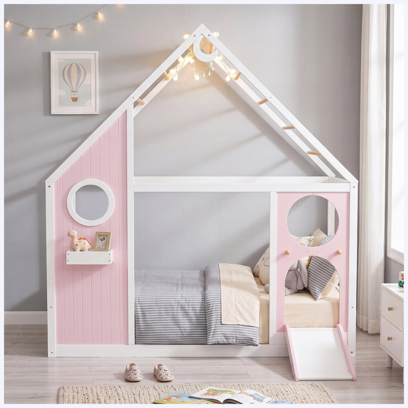 Lit simple avec glissade, bande lumineuse à DEL et panneau avant, rose - lit plateforme en bois pour enfants, Rose