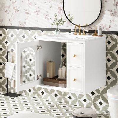 Quenby 24'' Wall-Mounted Bathroom Vanity with Ceramic Sink, Glass Door & 2 Drawers