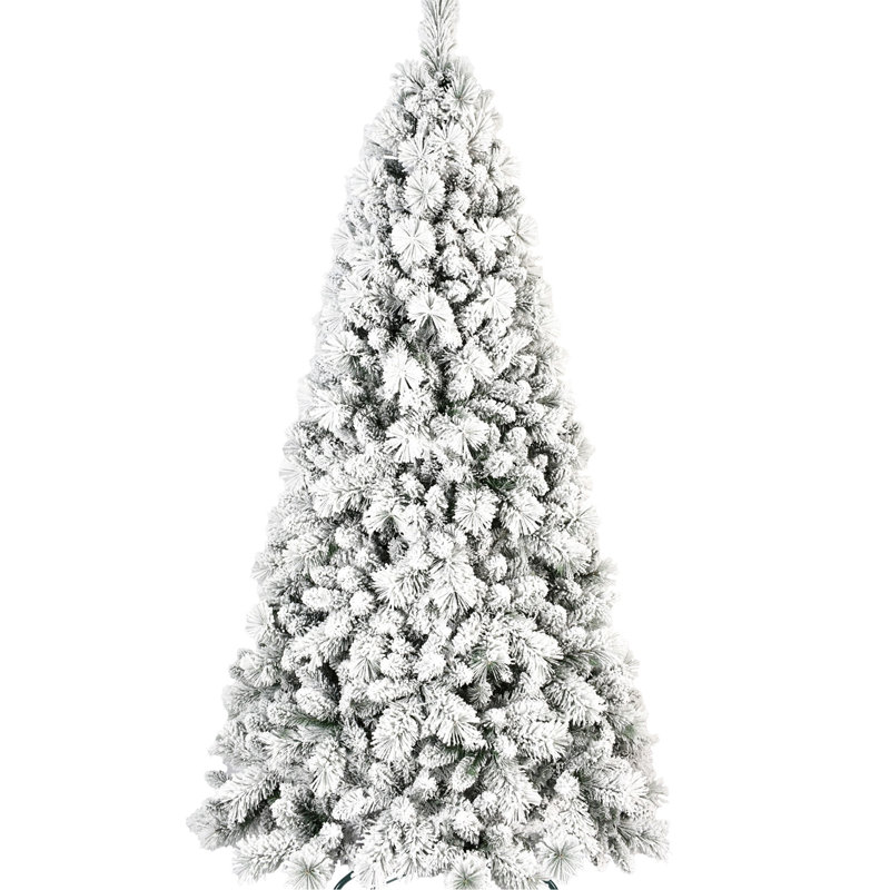 Arbre de Noël 7,5 pi floqué avec 500 lumières blanc chaud, 1252 pointes réalistes, branches enneigées et à aiguilles dures, structure à charnières pour une installation rapide, support en métal robuste pour les fêtes, plein