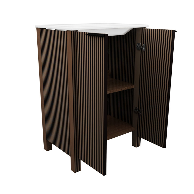 Meuble-lavabo sur pied brun de 30 po avec lavabo en céramique blanche, lavabo simple en résine, base en éraflure et contreplaqué, instructions d'assemblage pliables