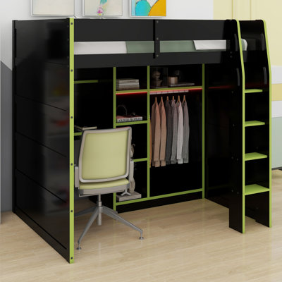 Wood Loft Bed With Desk,Open Wardrobe,Storage Compartments And RGB Lights