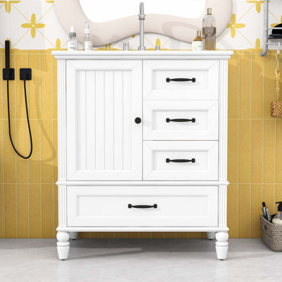 Meuble-lavabo 3 tiroirs avec lavabo, portes et tiroirs à fermeture en douceur et patins réglables