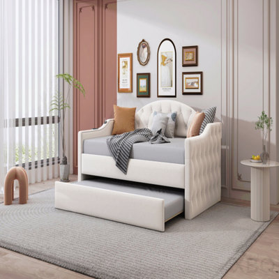 Twin Size Tufted Upholstered Daybed With Trundle ,Velvet Sofabed With UsbType-C Charging Ports,No Box-Spring Needed, Beige