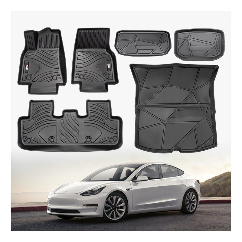 Tapis de sol TPE toutes saisons pour modèle Y de Tesla (2021-2022) - Ensemble de revêtement de plancher de voiture imperméable 6 pièces, noir