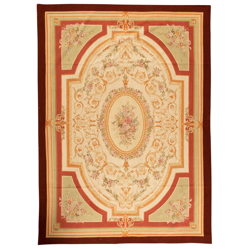 Tapis unique noué à la main beige / rouge / rose de haute qualité