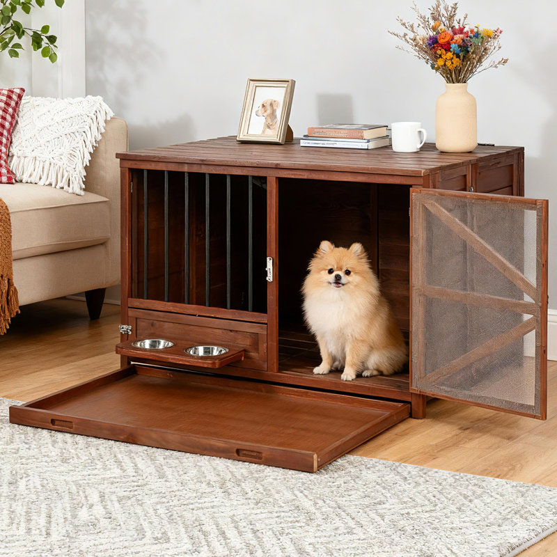 Meuble pour cage de chien en bois massif et chenil d'intérieur - table de bout pliable avec mangeoire rotative à 360 °, plateau amovible, assemblage facile - pour les chiens de petite et moyenne taille (33 po)