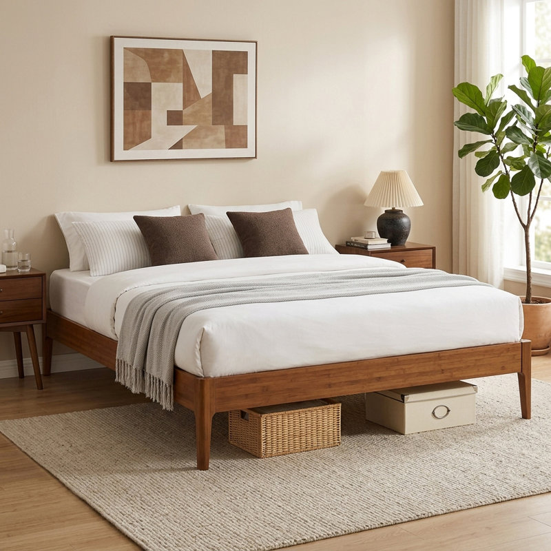 Structure de lit très grande plateforme en bambou naturel de 15 pouces de hauteur, sans sommier tapissier, sans bruit avec rangement sous le lit