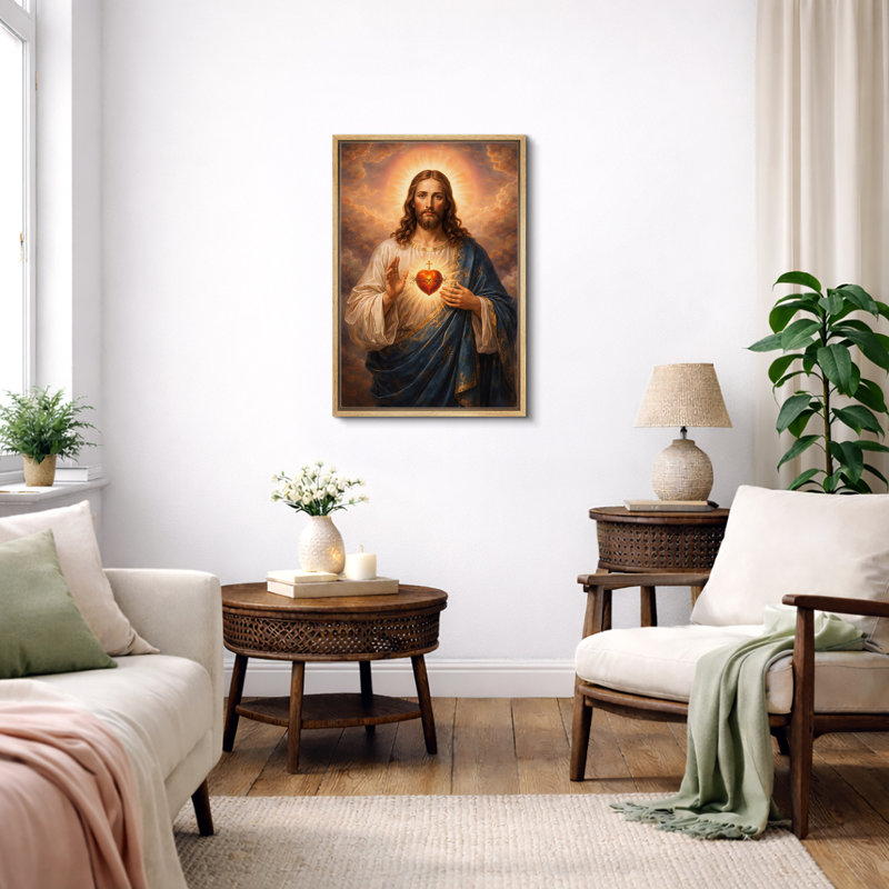 «Sacred Heart Jesus», œuvre d'art, impression sur toile encadrée, 24" H x 16" W x 1.5" D, Cadre naturel