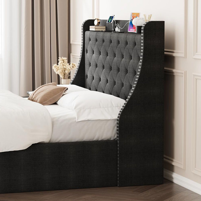 Structure de lit avec 4 tiroirs de rangement, avec ports Type-C et USB, gris, Double