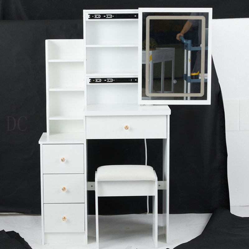 Petite coiffeuse avec miroir de chevet gauche 29,2 po et tabouret rembourré à DEL avec grand chevet, commande tactile, interrupteur 3 couleurs, miroir à réglage de la luminosité, rangement grande capacité, certificat EPA, GCC, UL